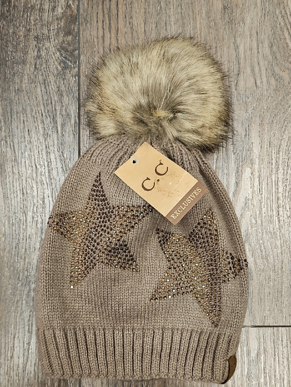 Sparkle, Taupe, Knit, Cute, Beanie, Gold, Star, Rhinestones, Snow, Casual,